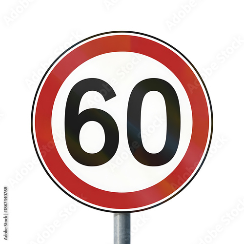 A circular 60 speed limit sign with a pole isolate on a white background