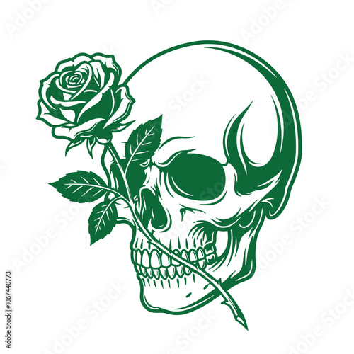 Green skull with rose and leaves in mouth isolated on transparent background