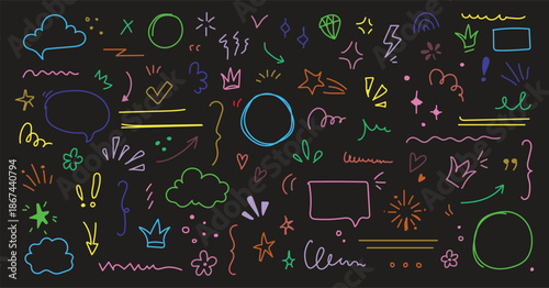 Set of Colorful abstract brush strokes and doodles on black background. wave brush marks. Colored Vector set isolated on Vector Illustration.