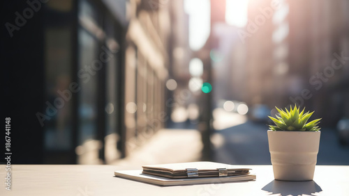 Potted plant and notebooks on table in urban street setting  