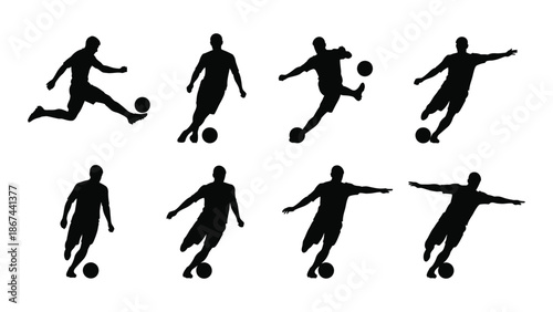 Silhouettes of people playing sports primarily soccer in various action poses