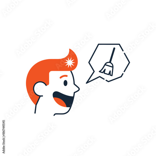 This vibrant illustration depicts a cheerful individual with orange hair, contemplating a cleaning task or service, indicated by a broom icon.