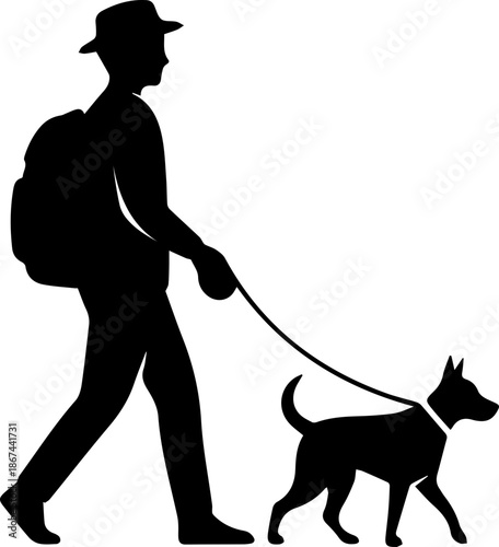 Silhouette of a man hiking with his dog, enjoying outdoor adventure and companionship, perfect for active lifestyle and travel concepts, Originally a scalable vector graphic