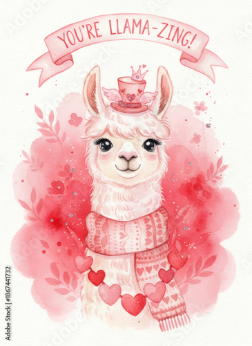 Cute llama wearing a crown and scarf surrounded by pink flowers in a soft, whimsical illustration celebrating love and friendship