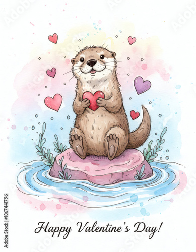 Celebrating love with a joyful otter holding a heart on a serene water scene for Valentine's Day