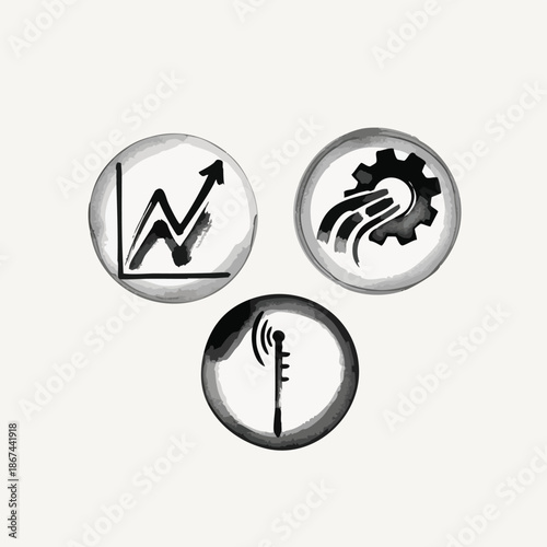 A set of three stylized watercolor icons depicting essential business concepts like financial growth, technological efficiency, and global communication connectivity.
