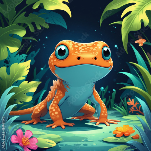 Vibrant orange frog exploring a lush jungle under a starlit sky at dusk
