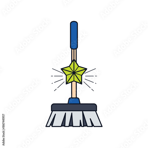 A charming cartoon illustration depicts a simple cleaning broom adorned with a sparkling green star, symbolizing immaculate tidiness and magical cleanliness.