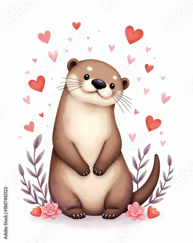 Cute otter surrounded by hearts and flowers on a lovely day in a whimsical, enchanting art style