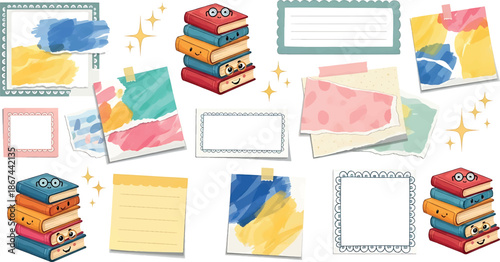 A colorful vector illustration of sticky notes and books with frames and stars on a white background in a playful and creative flat lay composition.