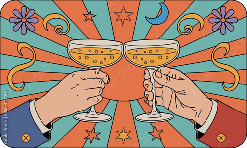 retro 90s new year party banner template vector illustration with hands holding champagne glasses halftone sticker effect groovy vintage style trendy mixed media design.