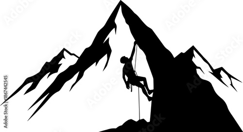 Dynamic silhouette of a mountain climber scaling a peak, embodying adventure, challenge, and achievement in a vector graphic for outdoor enthusiasts
