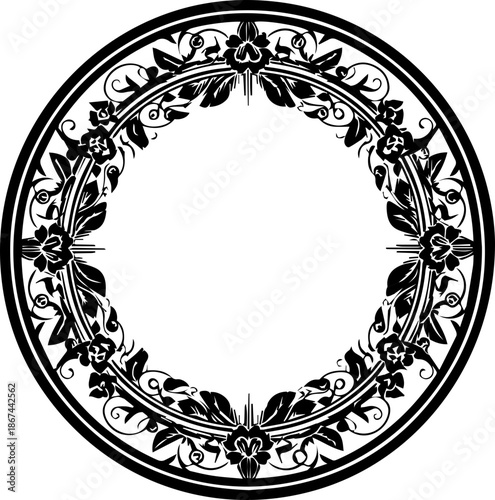 Elegant floral circle frame illustration for invitations, logos, and decorative designs, originally a scalable vector graphic, ideal for creative projects