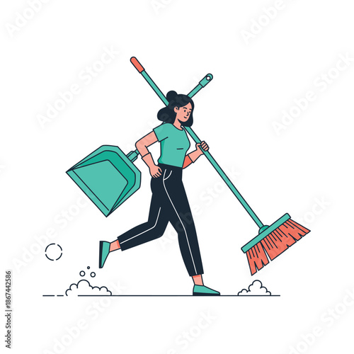 A determined woman swiftly carries a broom and dustpan, ready to tackle household chores with efficiency and a sense of purpose.