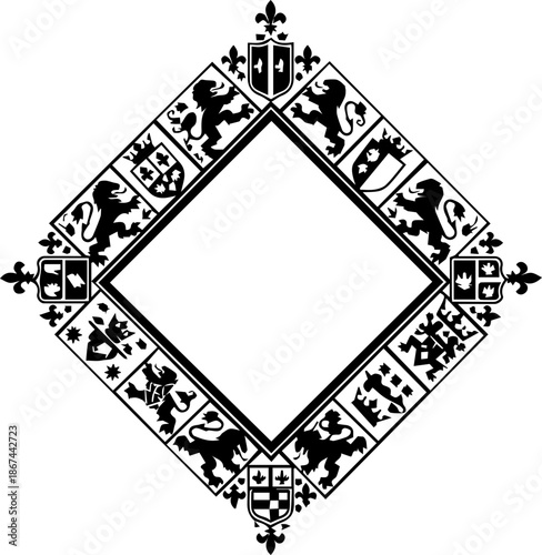 Elegant heraldic frame with lions for royal invitations or luxury branding, perfect for sophisticated designs, scalable vector art, royalty and nobility themes