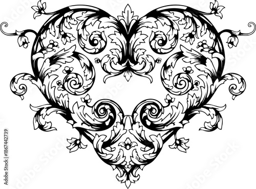 Elegant flourishes create a heart shape with floral accents, perfect for vintage designs or adding a touch of romance to your project, originally vector art