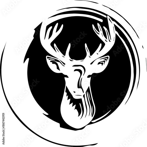 Majestic stag head logo with swirling brushstrokes, perfect for outdoor brands or rustic designs, conveys strength and nature's beauty, originally scalable