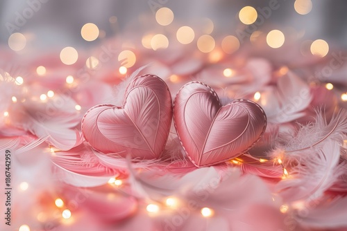 Two pink hearts on feathers with bokeh lights