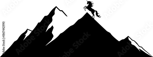 Majestic unicorn silhouette on mountain peak, symbolizing dreams, fantasy, and achievement, perfect for branding, adventure, and mythical designs