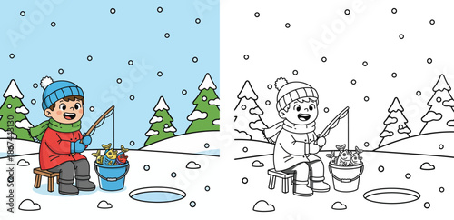 Winter coloring book page for kids, happy boy ice fishing with a bucket of fish, vector illustration with color example and outline