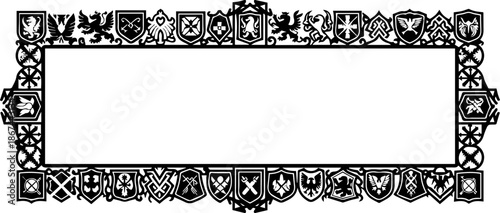 Elegant heraldic frame design with ornate shields, perfect for invitations, certificates, and vintage-inspired designs with a touch of historical charm