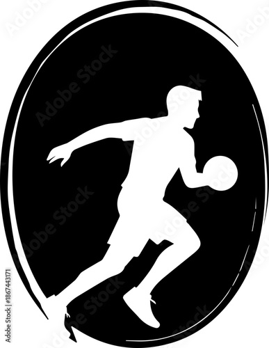 Dynamic silhouette of athlete running with ball, perfect for sports branding, fitness promotions, energetic campaigns, and team logos, originally a vector