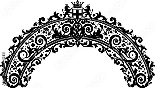 Elegant heraldic archway design with flourishes, perfect for classic invitations or sophisticated branding projects, timeless style and refined aesthetics