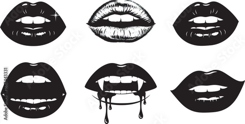 A collection of six different black and white illustrations of lips and mouths in various expressions