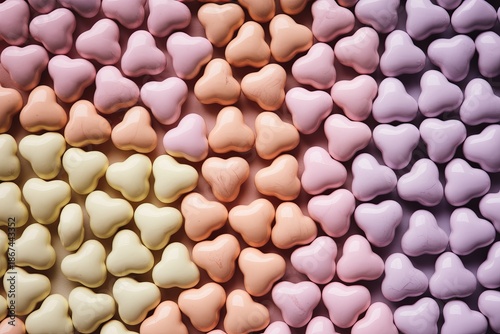 Heart-shaped pastel candies arranged in a colorful gradient