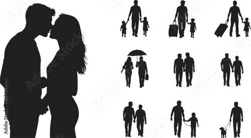 Silhouette of a loving couple and various family combinations