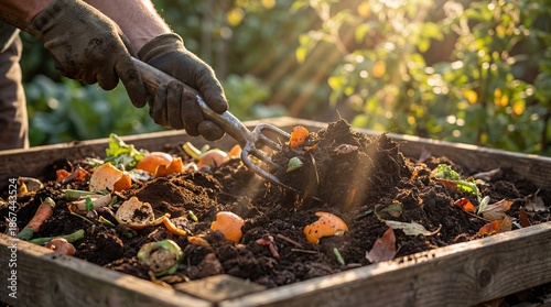 Gloved hands turning organic compost with a garden fork, mixing food and garden waste in a wooden bin during golden hour.