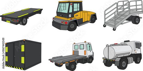 A comprehensive set of airport ground support equipment including baggage carts, tugs, passenger stairs, cargo containers, flatbed loaders, and fuel trucks.