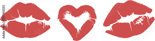 Red lipstick kiss marks and heart shaped lips on white background