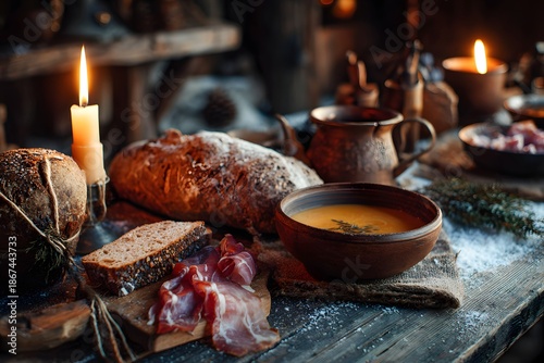 Rustic alpine comfort food with soup bread and cured meats by candlelight