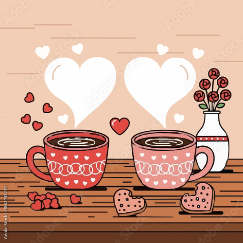 Two lovely cups of coffee, adorned with hearts, creating a romantic atmosphere, with cookies in the shape of heart, and a vase of roses. Perfect for Valentine's Day!