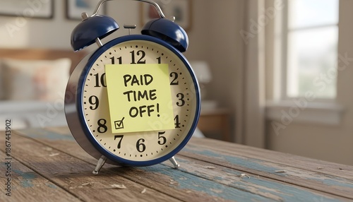 Retro Blue Alarm Clock with Yellow Sticky Note on Rustic Wooden Surface – Paid Time Off Reminder Concept
