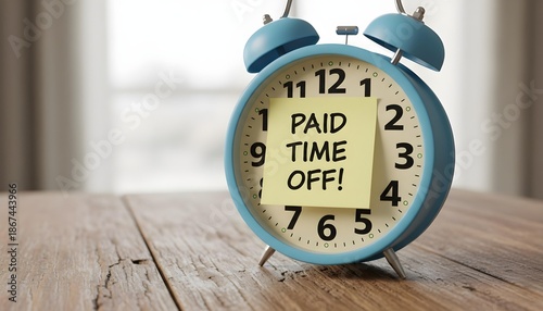 Retro Blue Alarm Clock with Yellow Sticky Note on Rustic Wooden Surface – Paid Time Off Reminder Concept
