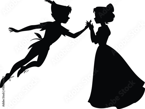Black silhouette of Peter Pan flying to Wendy Darling, boy who never grows up and girl in dress, fairy tale. (20 words)