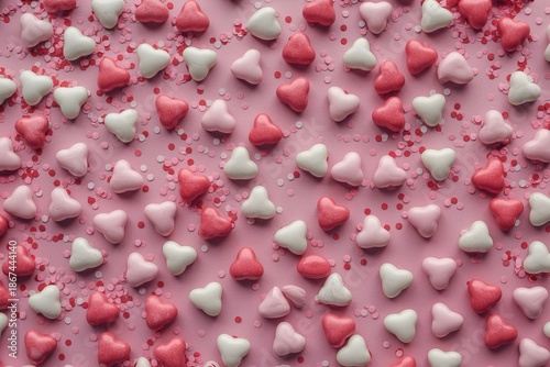 Pink, white, red heart-shaped candies and confetti on pink background