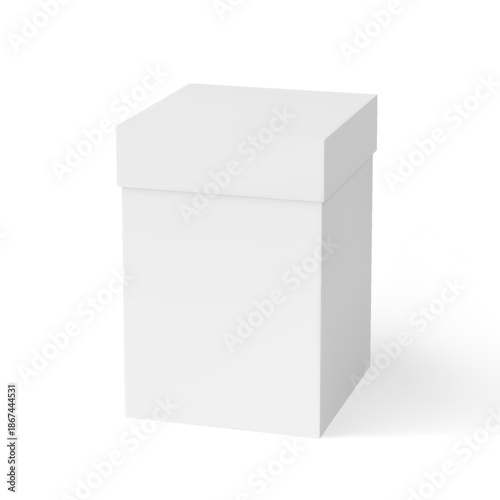 Gift cardboard box with closed lid, realistic 3D tall white square container for present, delivery package vector mockup