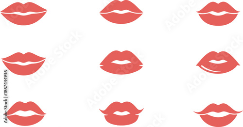 A collection of nine different red lipstick kiss marks on a white background
