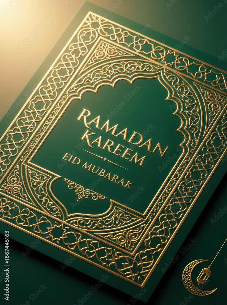 Fototapeta premium Background islamic background green and gold ramadan kareem eid mubarak template design arabesque art