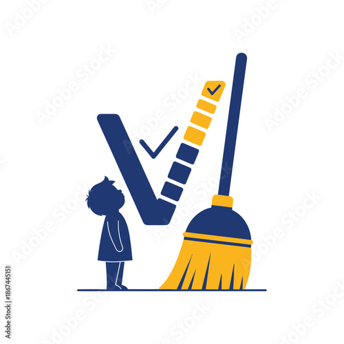A small silhouette watches a large checkmark and progress bar alongside a broom, symbolizing task completion, tidiness, and achievement.