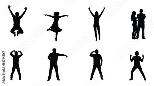 Silhouettes of people in various joyful and energetic poses against white