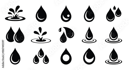 Water Drop Icon Set, Flat Droplet Logo Shapes Collection for Environmental, Clean, and Hydration Design Projects.