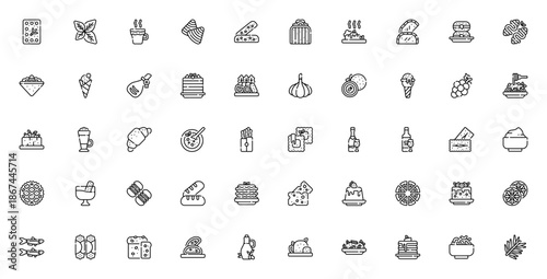 Italian food icon set. Vector illustration of flat bread, pizza, pasta, espresso, tiramisu, and more. Includes symbols for cooking, restaurant, and traditional cuisine.