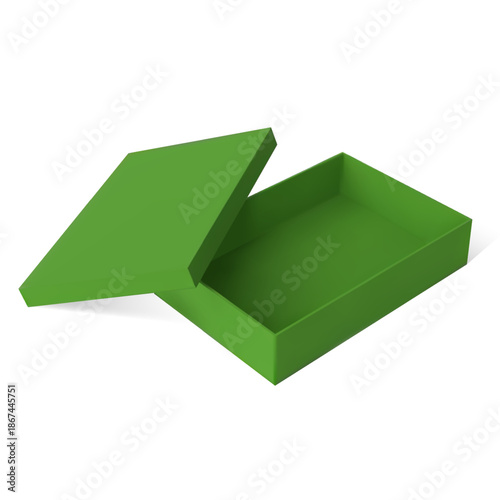 Green rectangular gift box, empty, with an open lid.