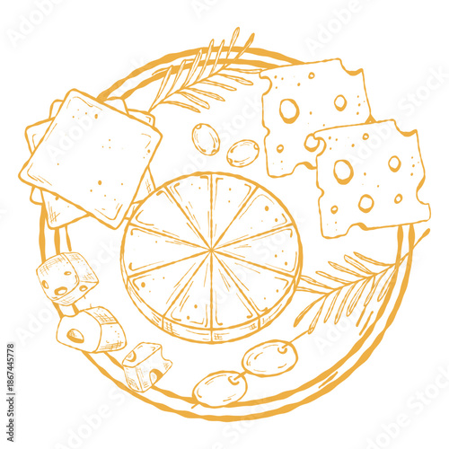 Cheese Platter Illustration, Charcuterie Plate Art. Gourmet Cheeseboard Graphic, Menu and Packaging. Artisan Cheese Plate, Food Label Art