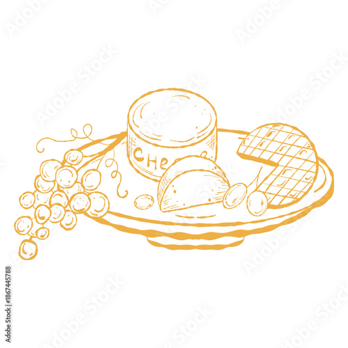 Cheese and Grapes Plate, Classic Charcuterie Illustration. Grapes and Cheeseboard, Gourmet Serving Graphic. Snack Plate, Menu and Label Art