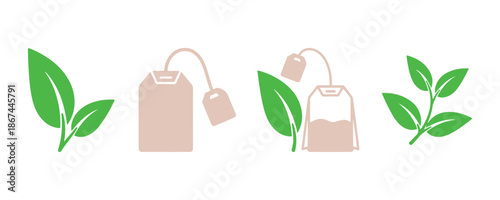 Illustration of a tea leaf alongside a bag. Icons depicting teabags and leaves
